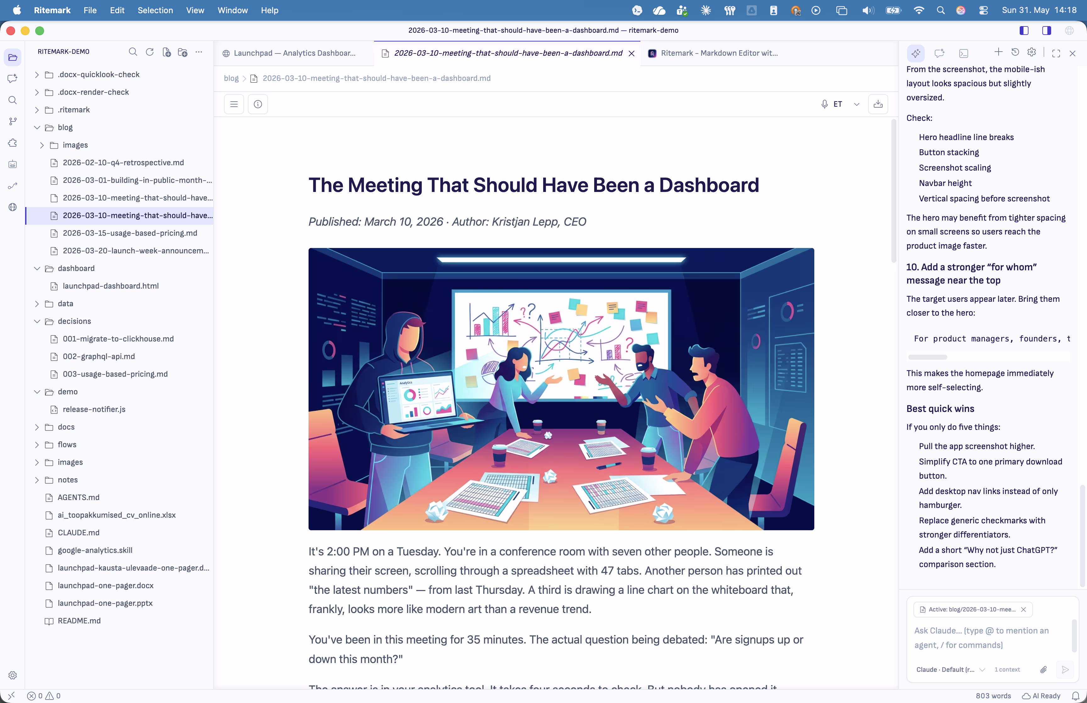 Ritemark markdown editor AI agendi paneeliga